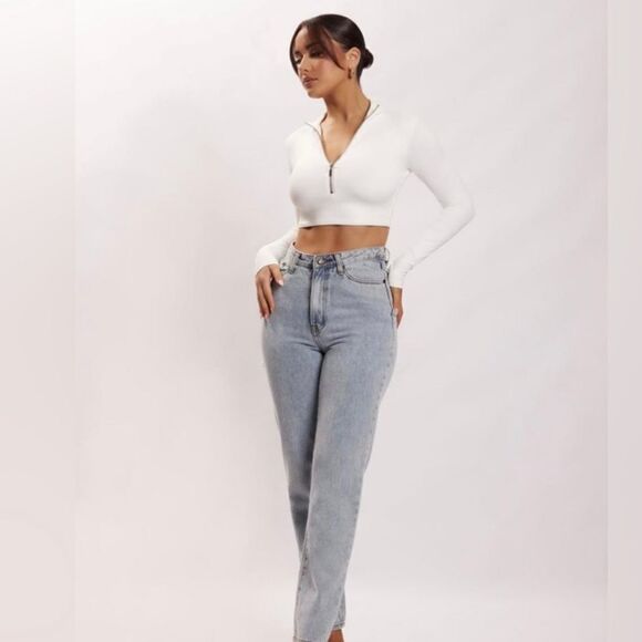 MESHKI Ashlea Long Sleeve Zip Up Crop Top in White NEW with tag - Picture 2 of 6